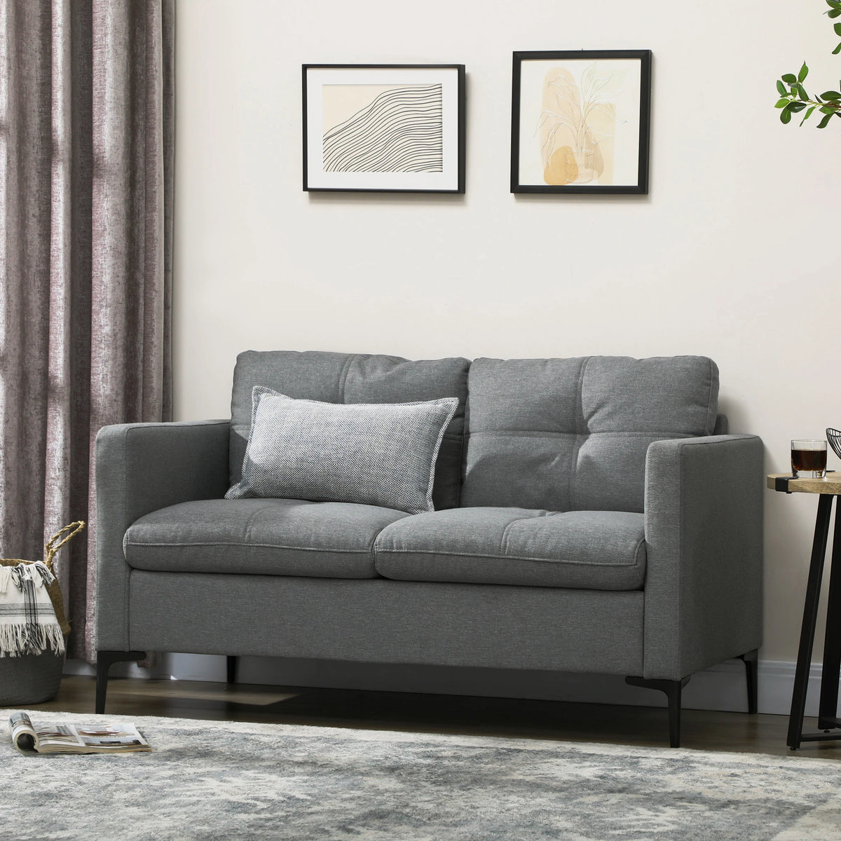 Grey linen-look two seater loveseat sofa with two scatter cushions