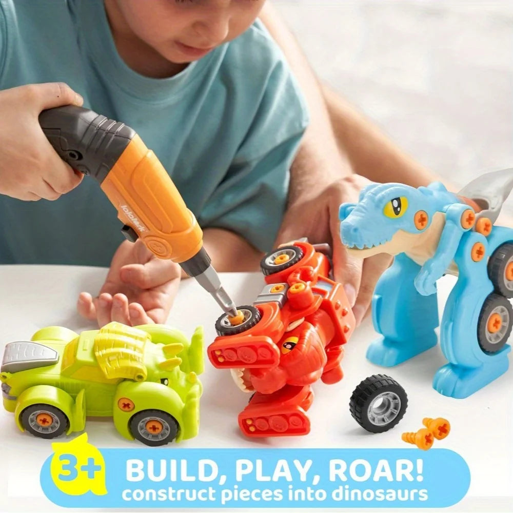 3 Pack Dinosaur Take Apart Toy Cars with Electric Drill T-Rex Raptor and Triceratops Transform Trucks for Kids