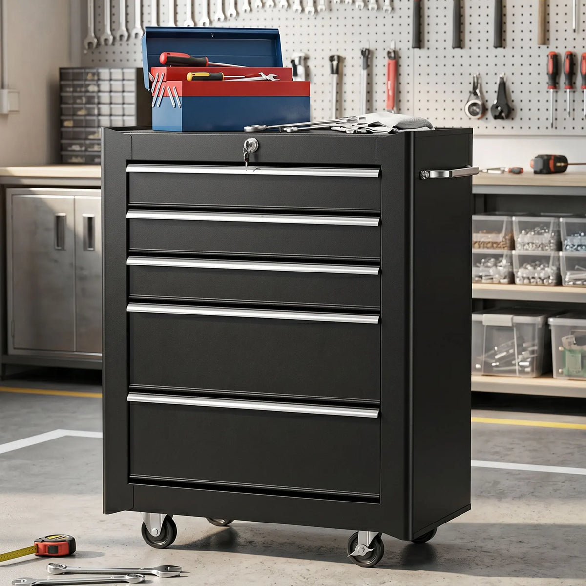 5-Drawer Lockable Steel Tool Cabinet on Wheels with Side Handle
