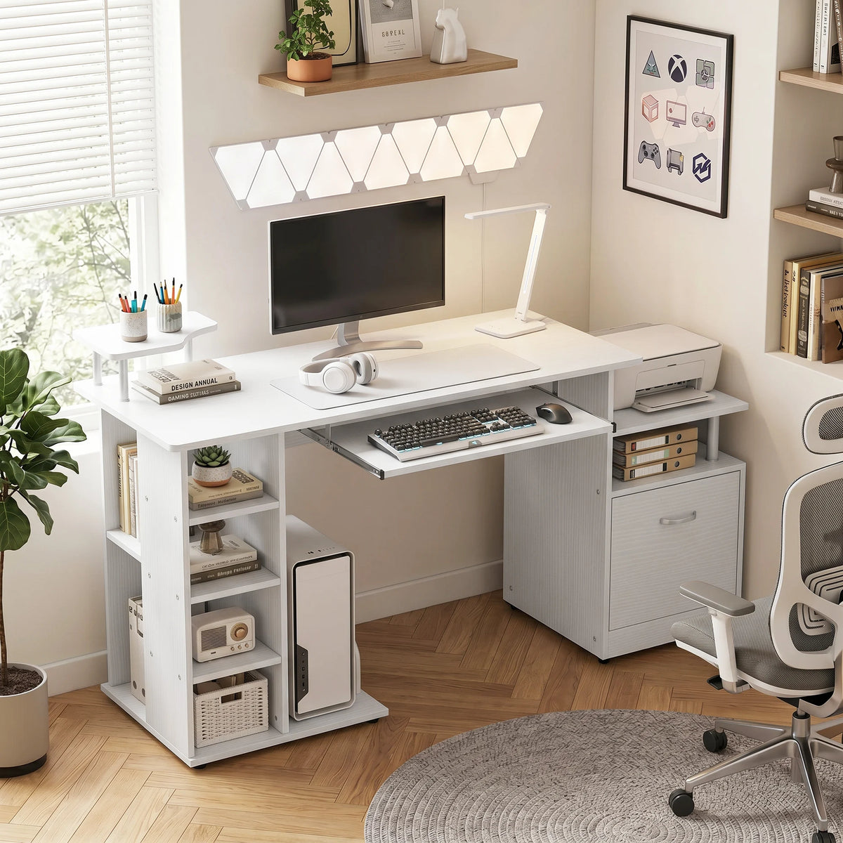 Computer Desk with Keyboard Tray, Printer Shelf and Storage, 120cm, White