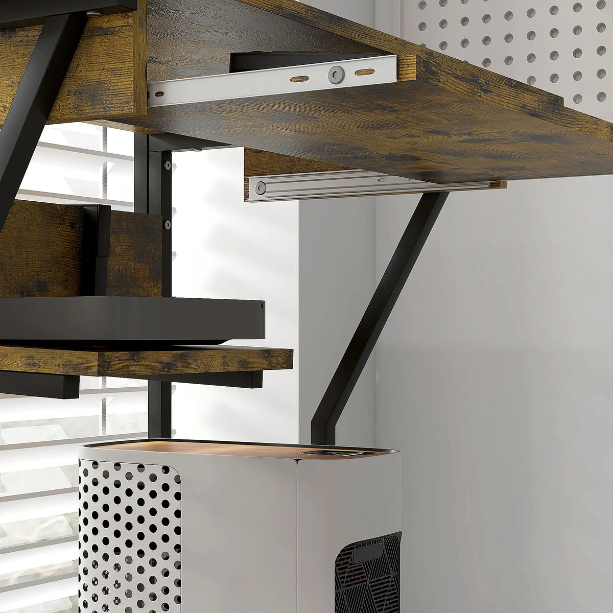 Mobile Computer Desk with Keyboard Tray, Shelves and Lockable Wheels, Rustic Brown