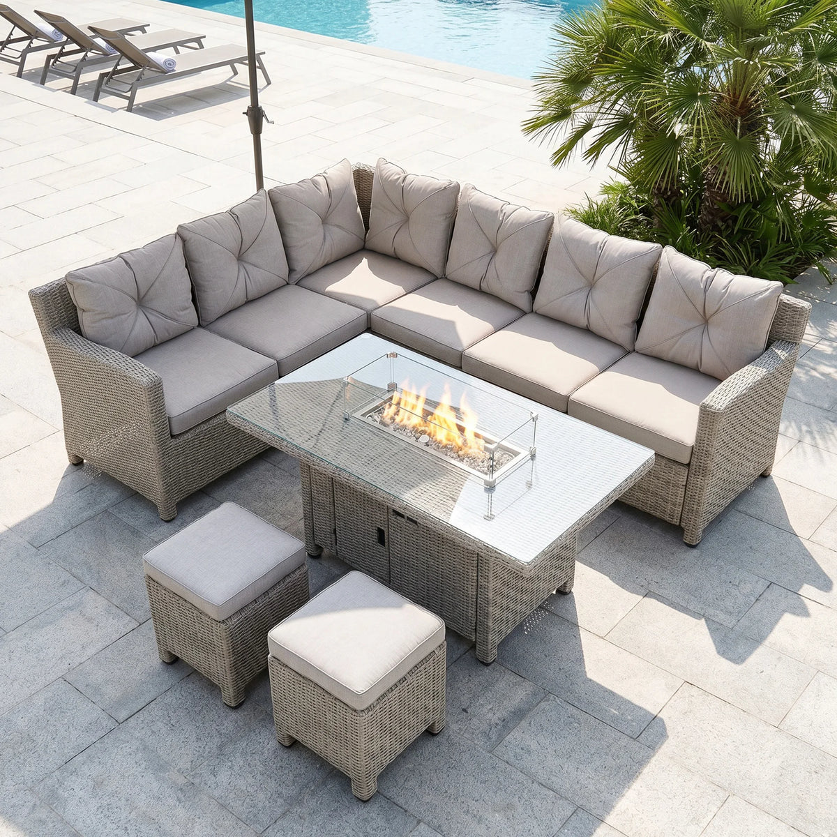 5 PCs Outdoor Rattan Corner Dining Set with Footstools and Gas Fire Pit Table