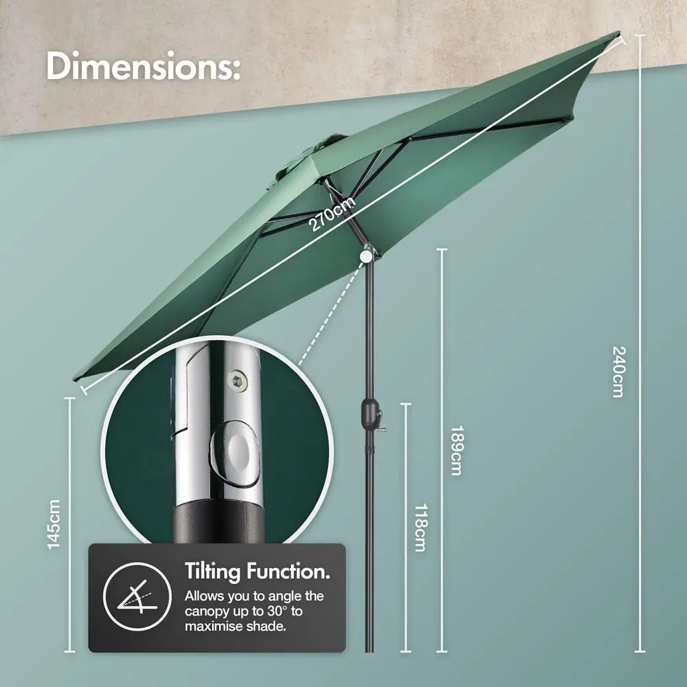 2.7m Garden Parasol with Base, Crank and Tilt, UV30, Dark Green