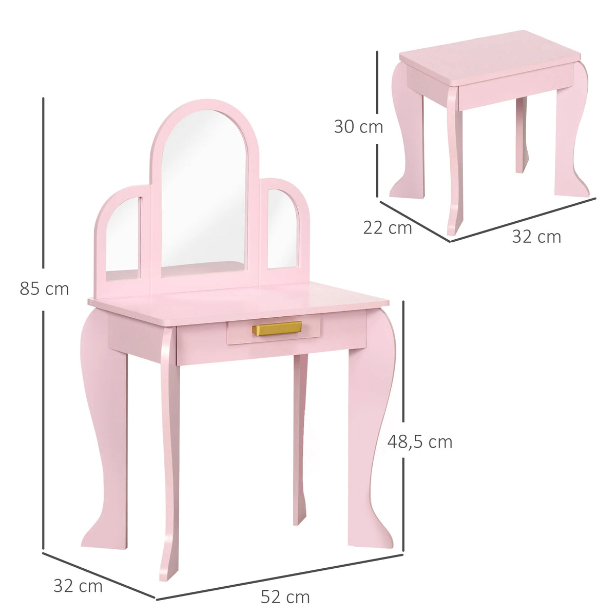 Kids Dressing Table and Stool with 3 Mirrors Drawer Pine Handles MDF Rounded Edges Ages 3-6 Pink
