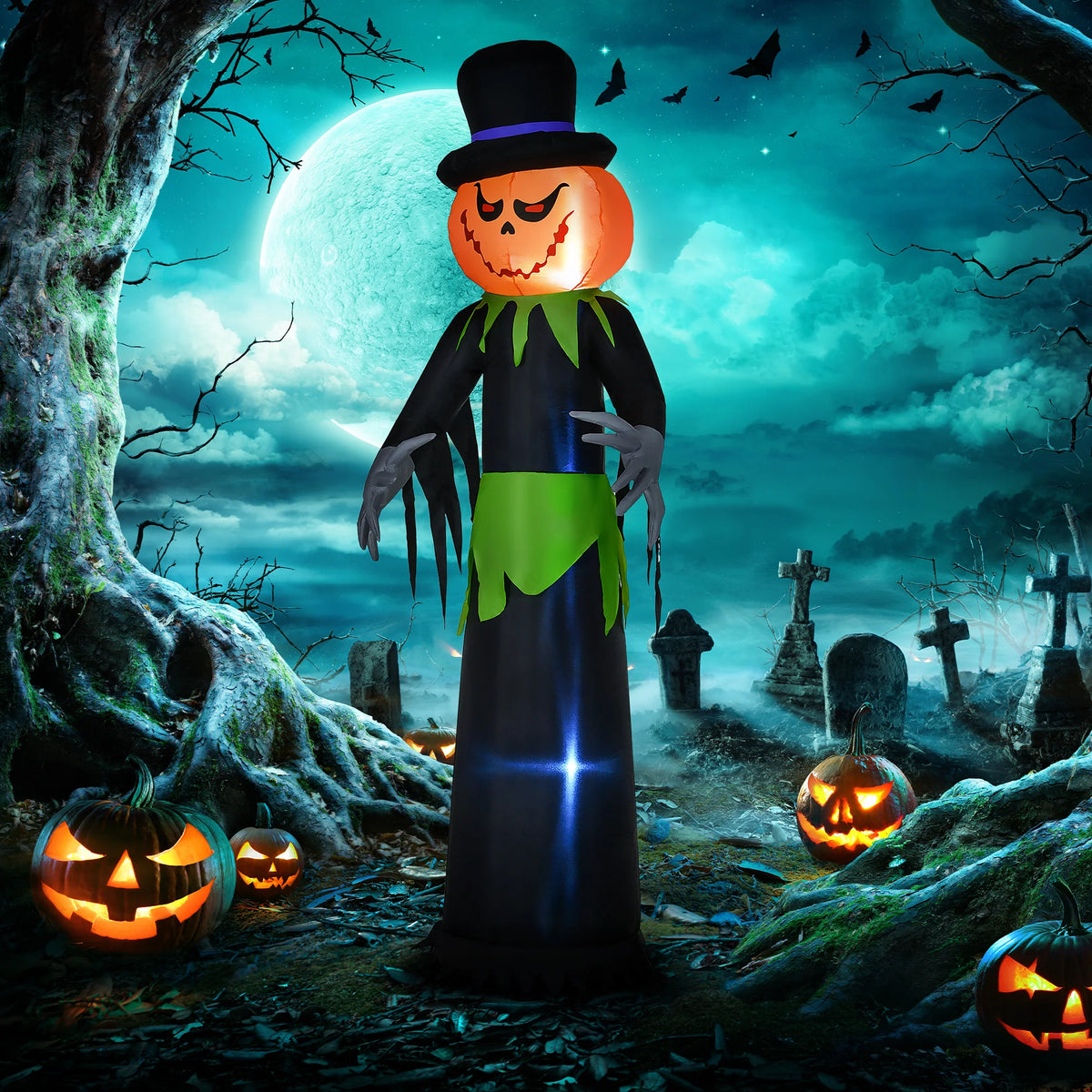 8ft Inflatable Halloween Pumpkin Ghost in a Hat with LED Lights