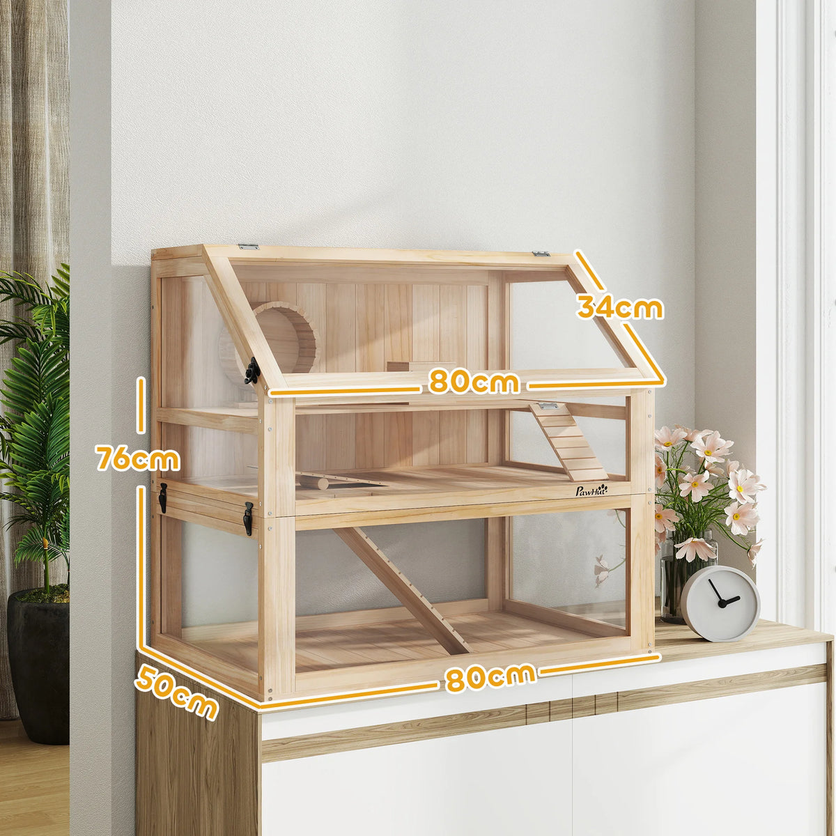 3-Tier Wooden Hamster Cage with Exercise Wheel