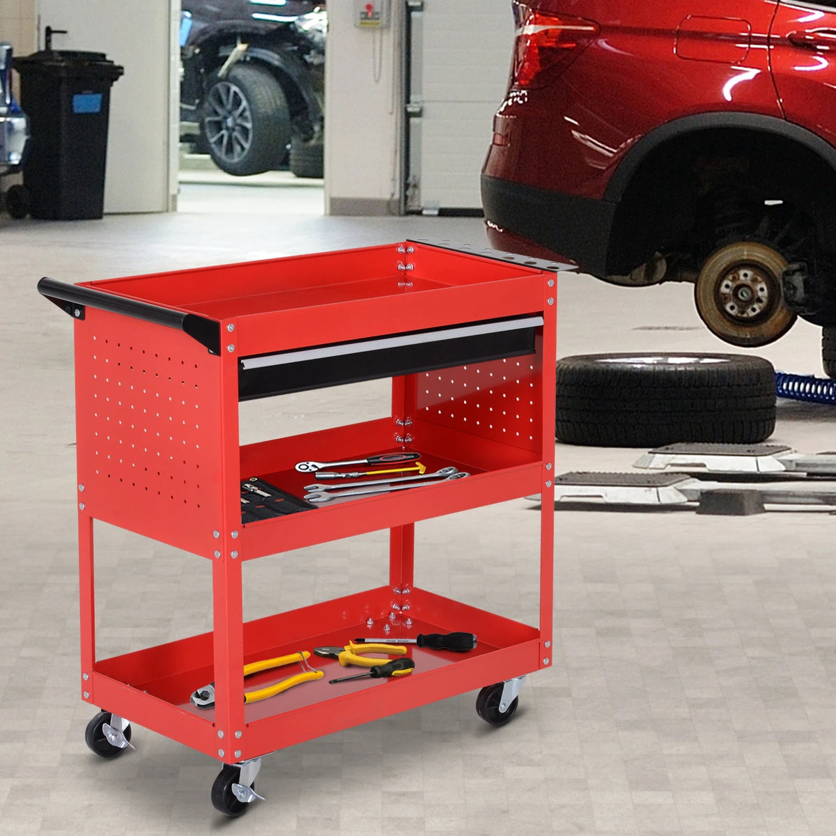3-tier Tool Trolley Cart Roller Cabinet, Garage Workshop Storage with Drawer