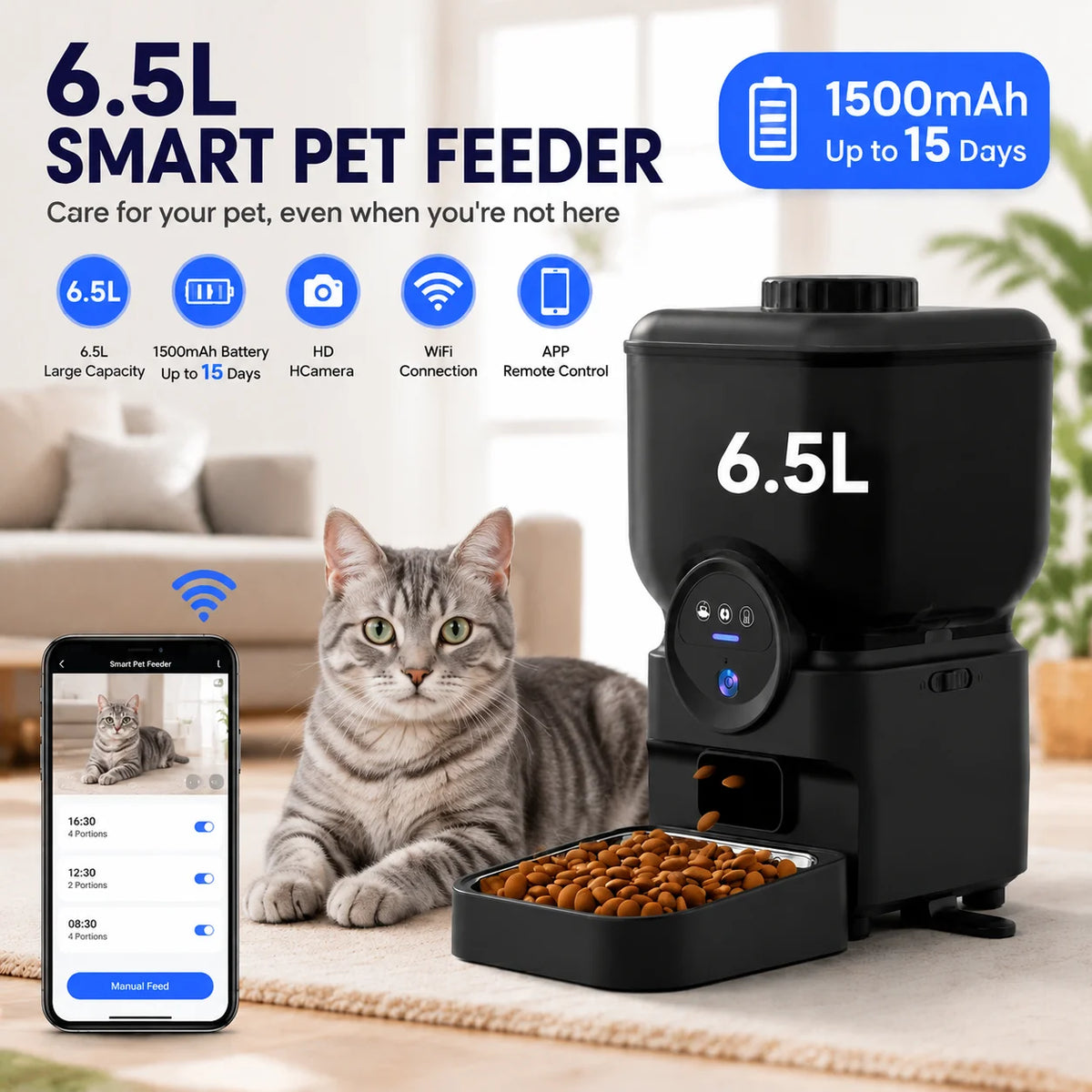 6.5L Automatic Cat Feeder with Camera WiFi App Control Rechargeable Battery Stainless Steel Bowl