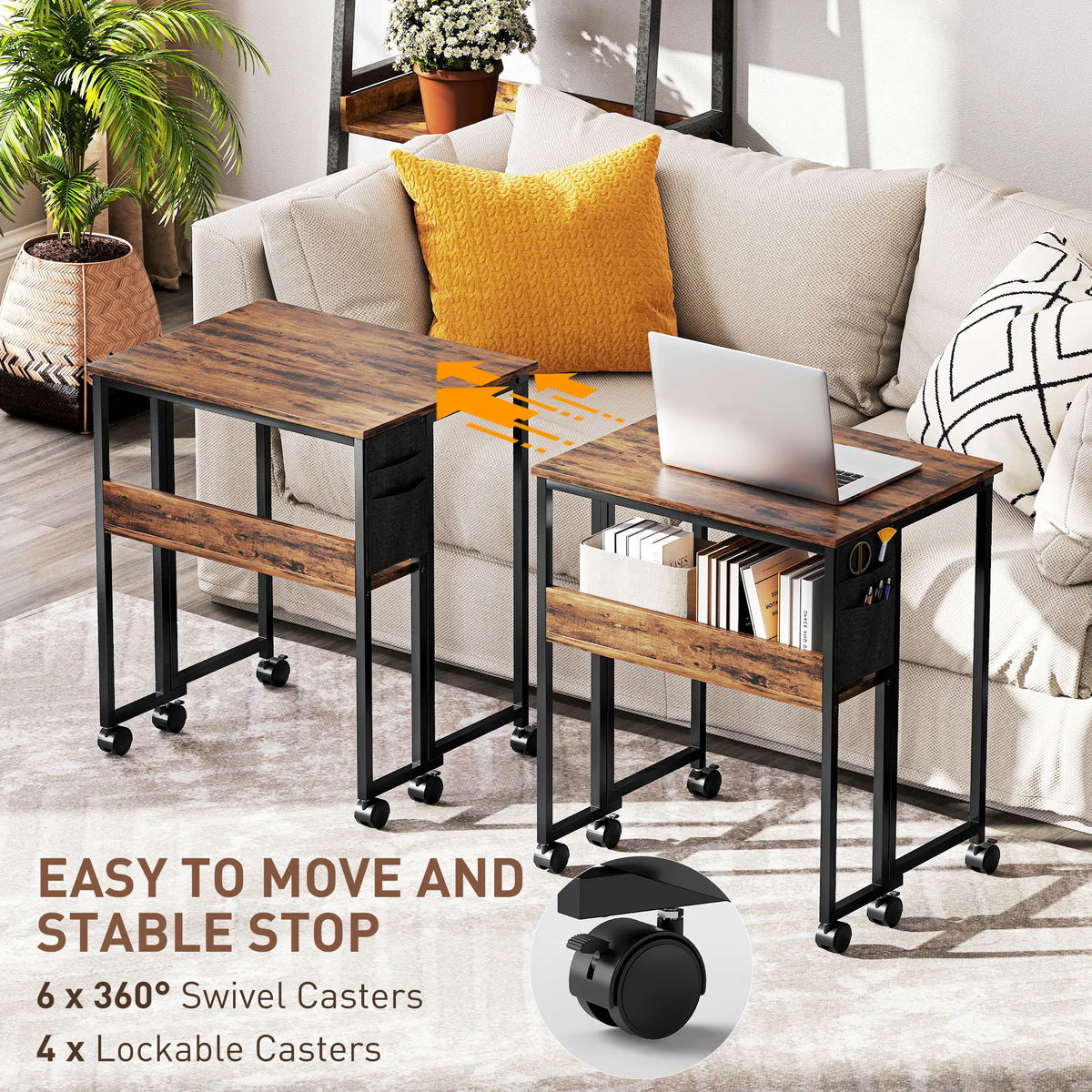 63cm Foldable Computer Desk on Wheels for Small Spaces, Rustic Brown