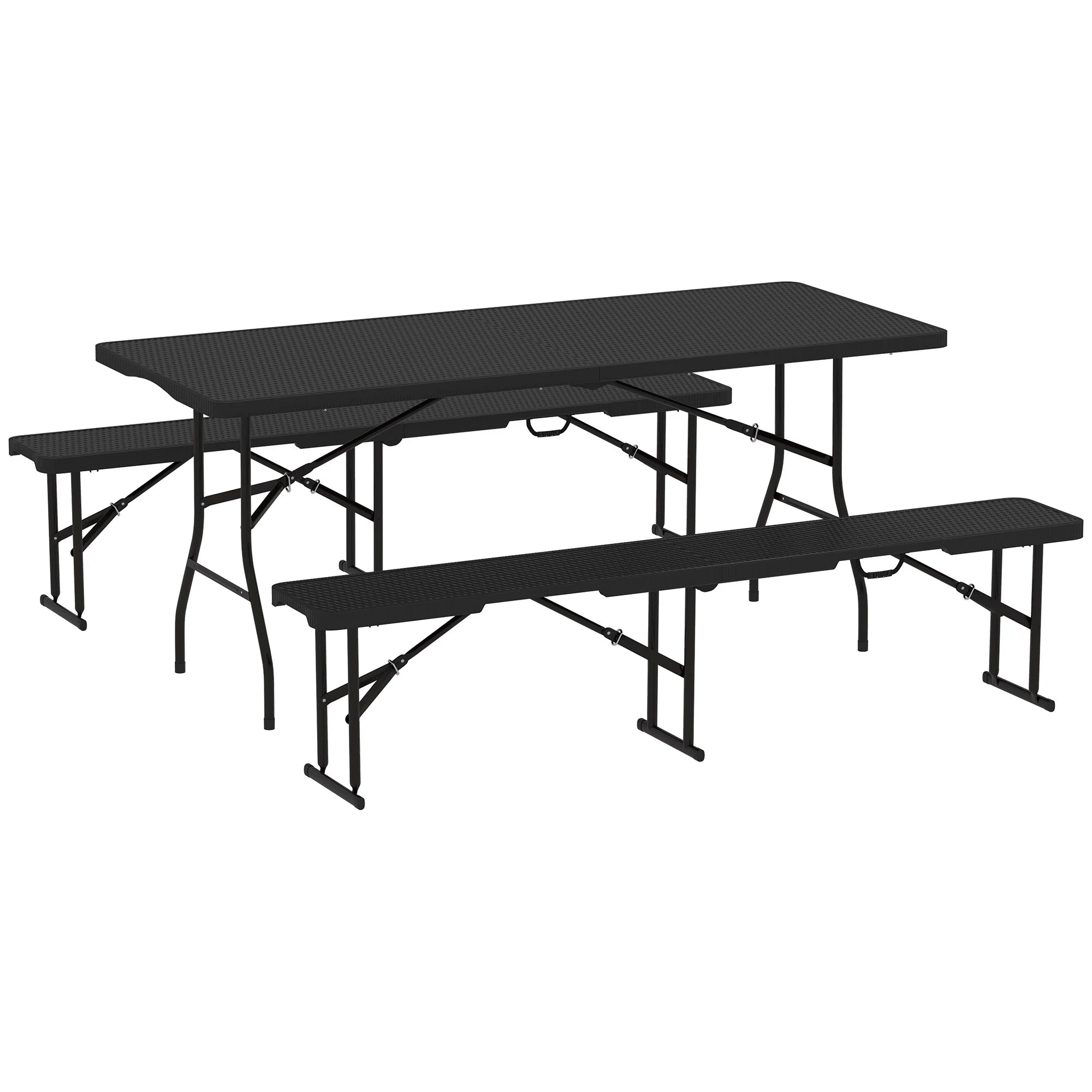 Folding Picnic Table and Bench Set 3 Piece Rattan Effect HDPE Top 180cm Portable Camping Outdoor Dining Set