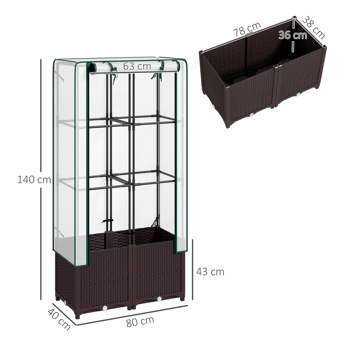 Plastic Raised Garden Planter with Trellis and Cover, Drainage Holes, 80 x 40 x 140 cm