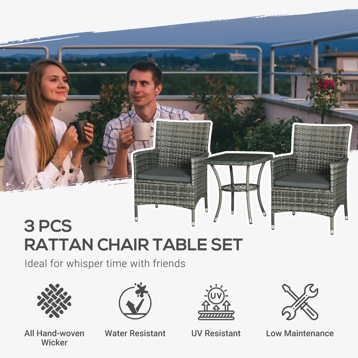 3-Piece Rattan Bistro Set with 2-Tier Coffee Table and Chairs, Grey