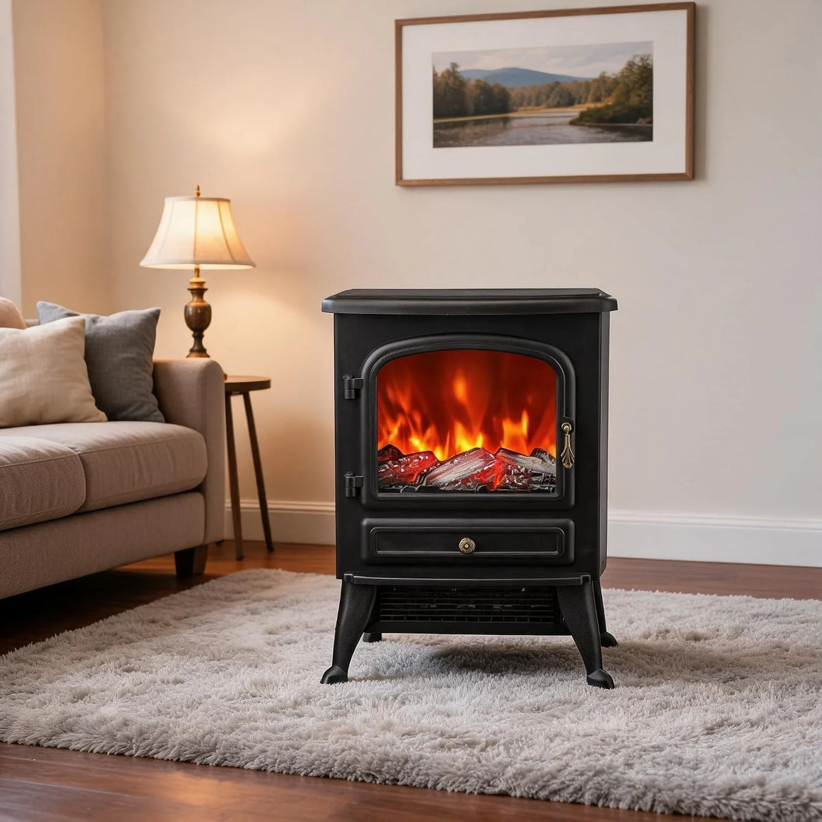Freestanding Electric Fireplace Stove with Flame Effect, Thermostat and Overheat Protection