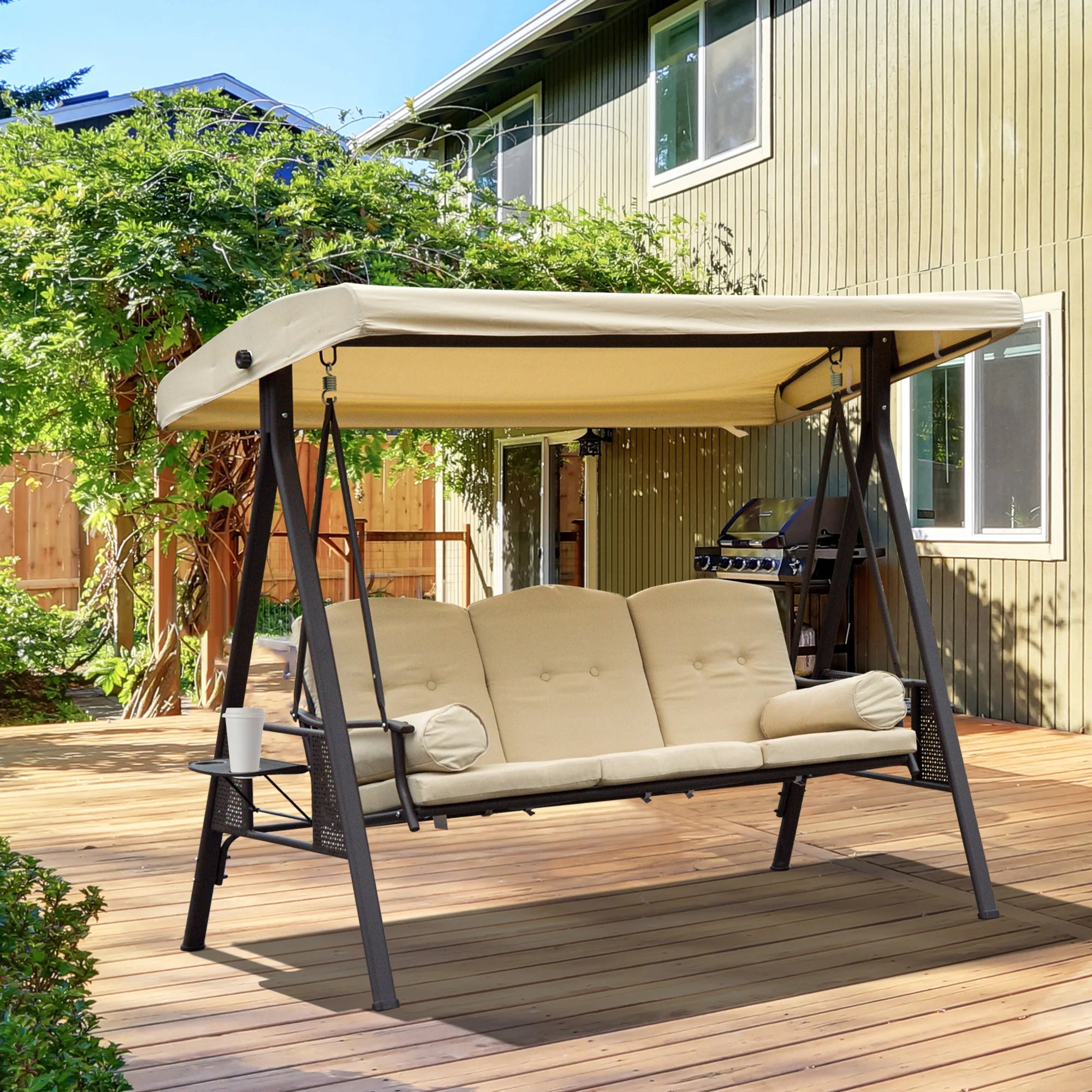 3 Seater Garden Swing Chair Outdoor Hammock Bench with Adjustable Canopy, Cushions and Cup Trays