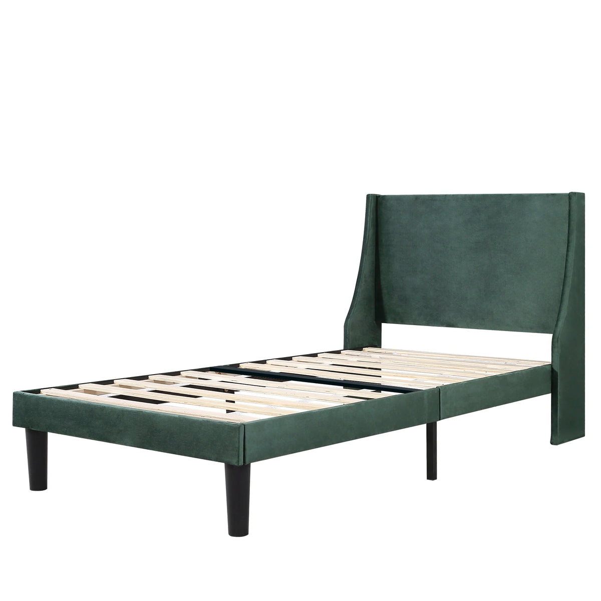 3FT Single Bed with Winged Headboard, Dark Green Velvet Upholstery, Wood Slat Support