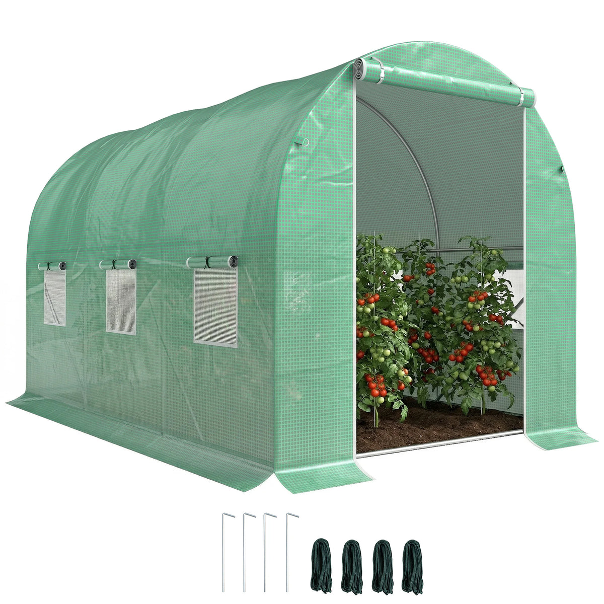 Walk-In Polytunnel Greenhouse with Zipped Door and Roll-Up Windows, 3 x 2 x 2m, Green