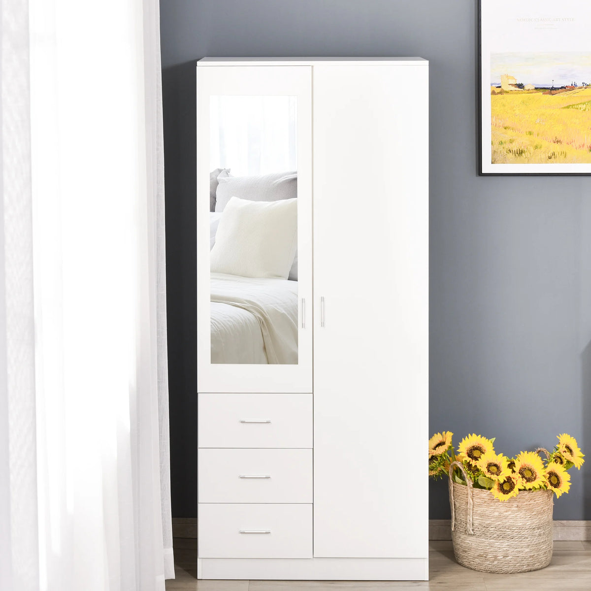 2 Door Wardrobe with Mirror, 3 Drawers and Adjustable Shelves, 80 x 50 x 180 cm, White