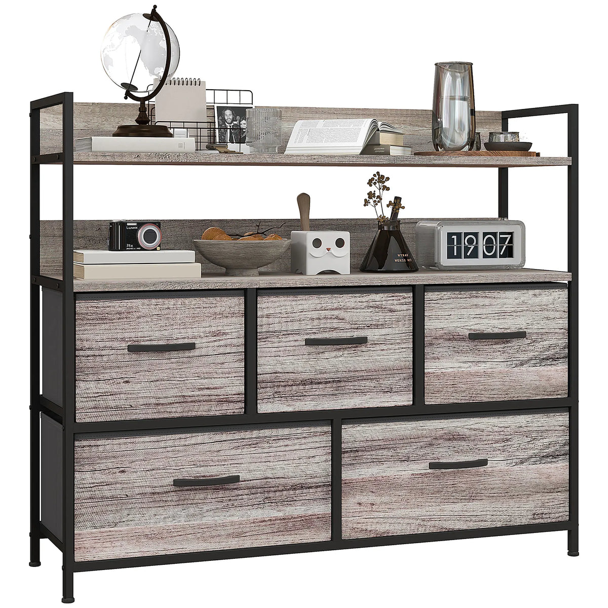 Bedroom Chest of Drawers, 5 Drawer Dresser w/ Shelves, Grey Wood Effect