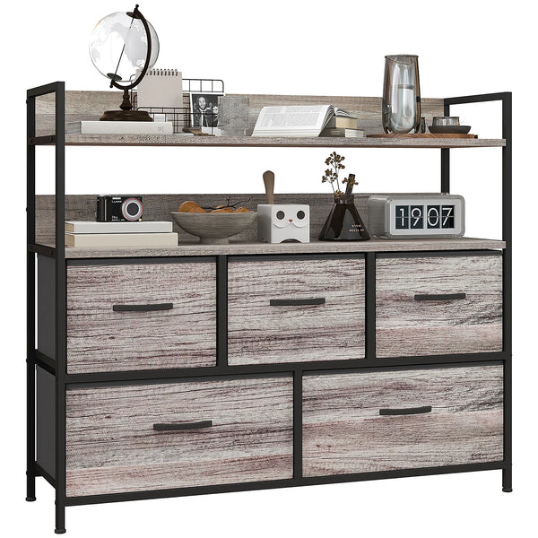 Bedroom Chest of Drawers, 5 Drawer Dresser w/ Shelves, Grey Wood Effect