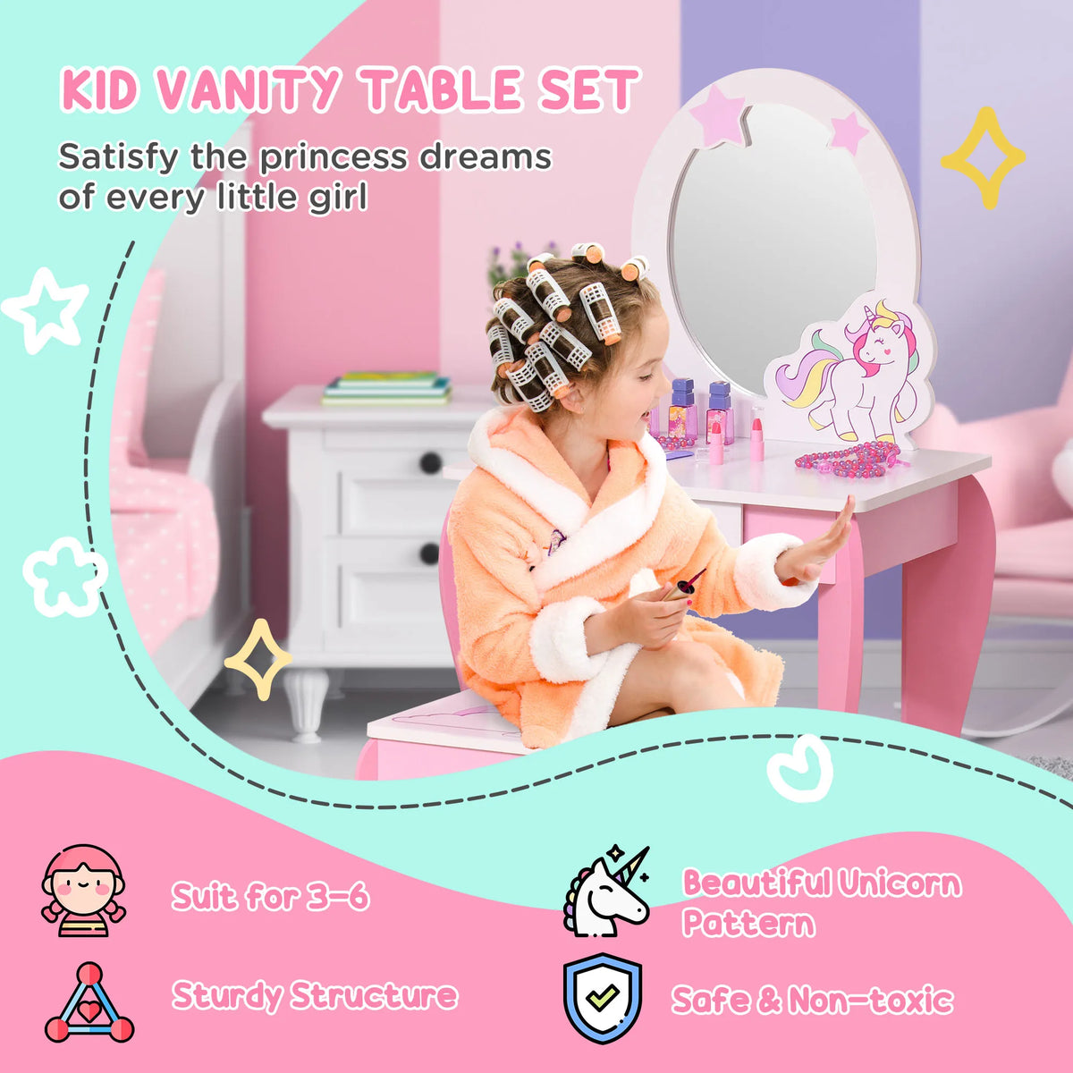 Kids Unicorn Dressing Table with Large Acrylic Mirror Drawer Stool MDF Rounded Edges Ages 3-6 Pink