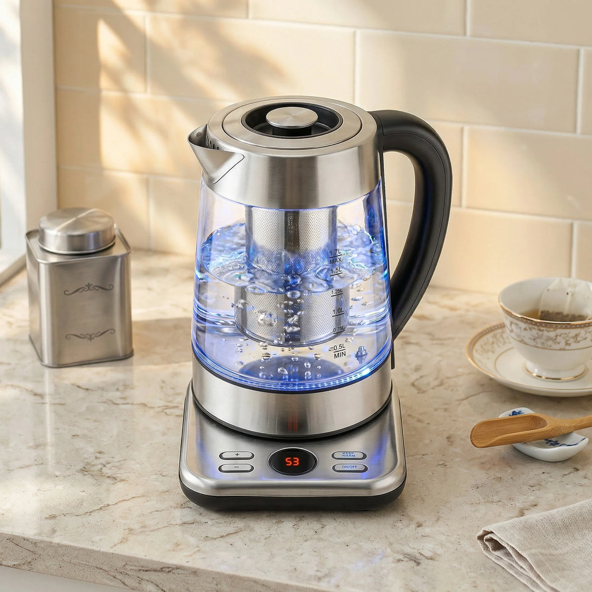 1.7L Glass Electric Kettle with Temperature Control and Tea Infuser, 3kW