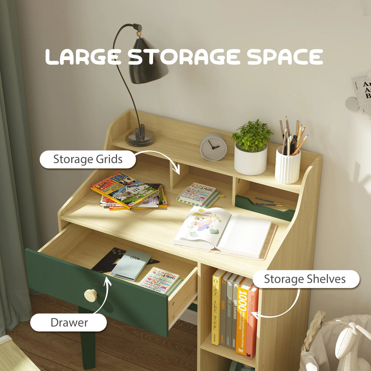 Kids Desk and Chair Set with Double Layer Shelf Drawer and 2 Storage Grids for Ages 3-10 Green