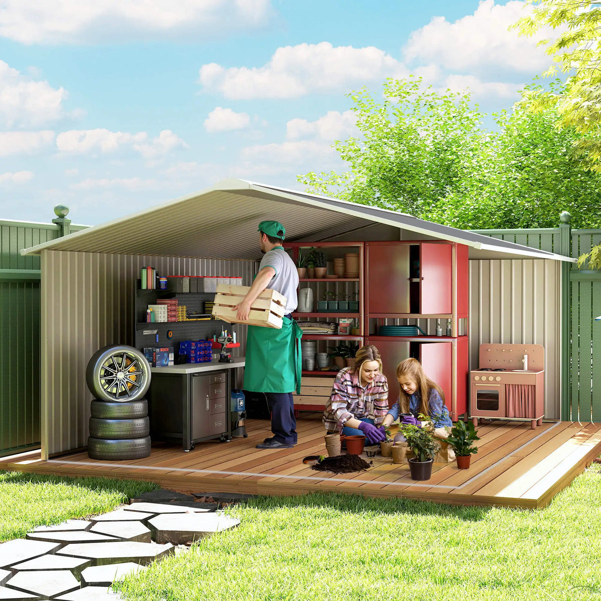 13 x 11ft Metal Garden Shed, Outdoor Storage Tool House with Ventilation Slots, Grey