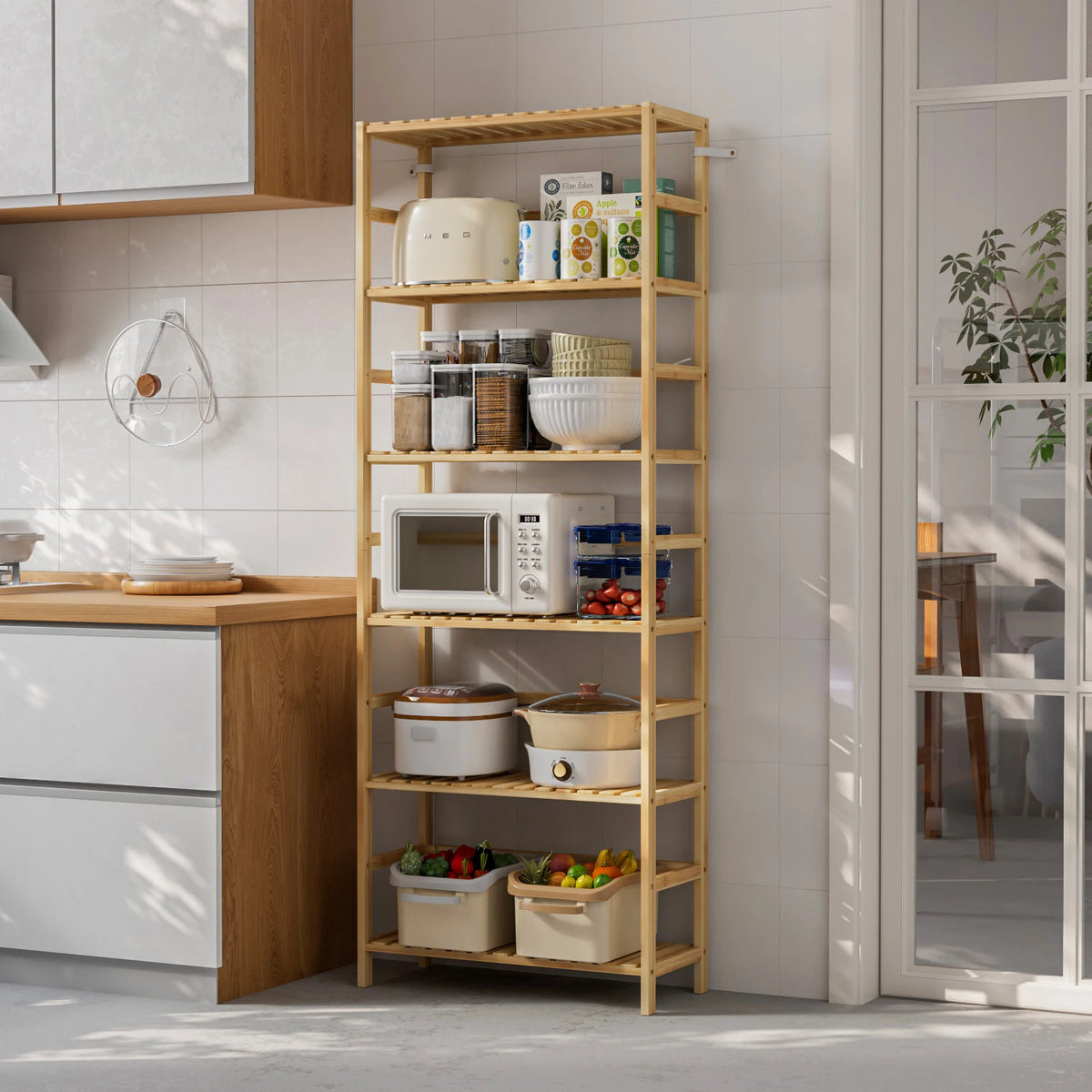 6-Tier Bamboo Bookshelf and Flower Rack with Adjustable DIY Shelves | Freestanding Natural Wood Display Unit