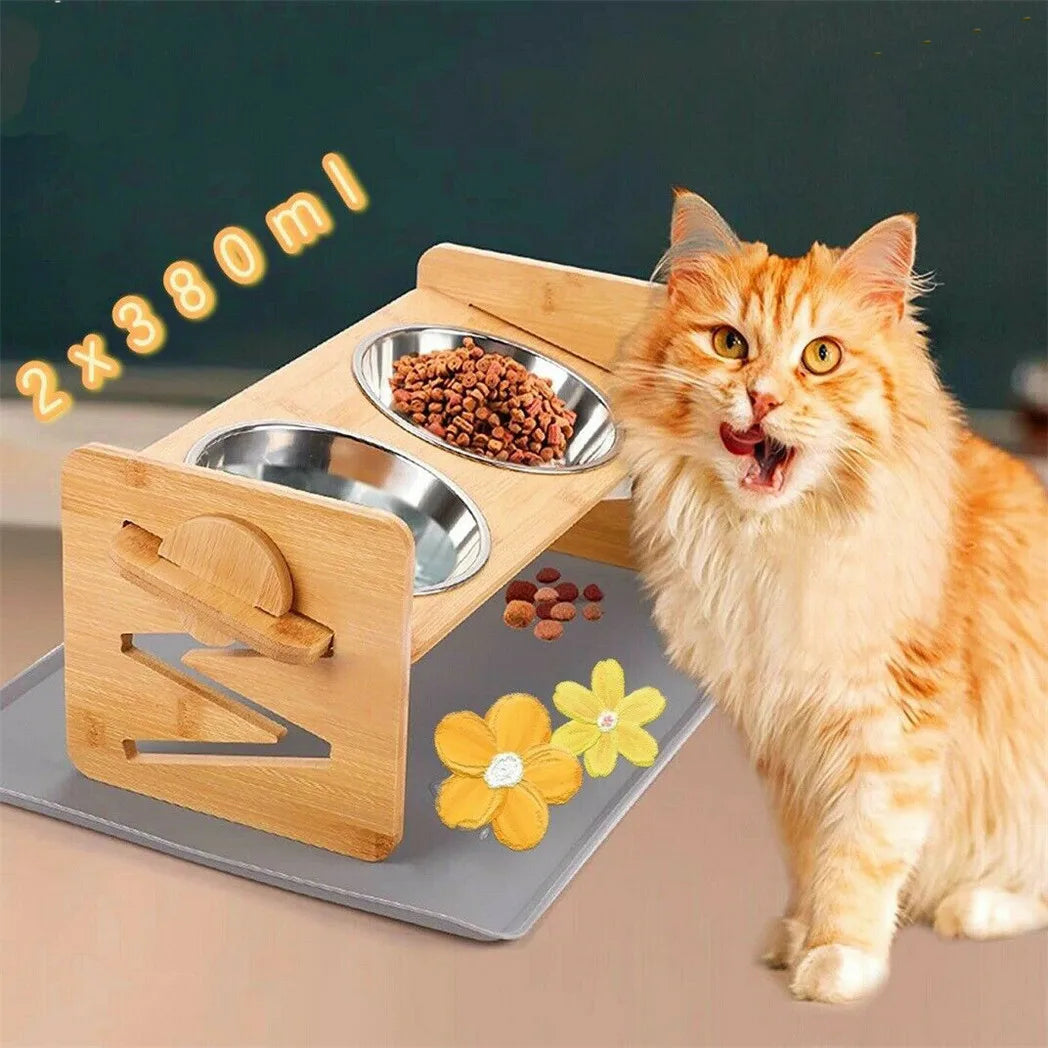 Elevated Dog Bowls with Bamboo Stand 4 Height Adjustable 2 x 380ml Stainless Steel Bowls 31x17x16cm