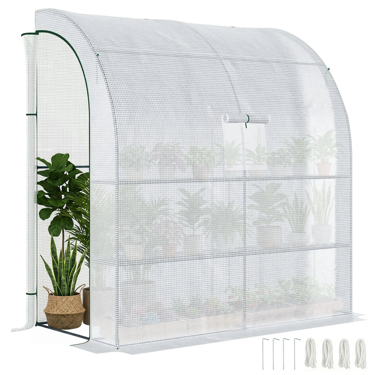 Walk-in Lean-to Greenhouse with Shelves and Roll-Up Doors, 200 x 100cm, White