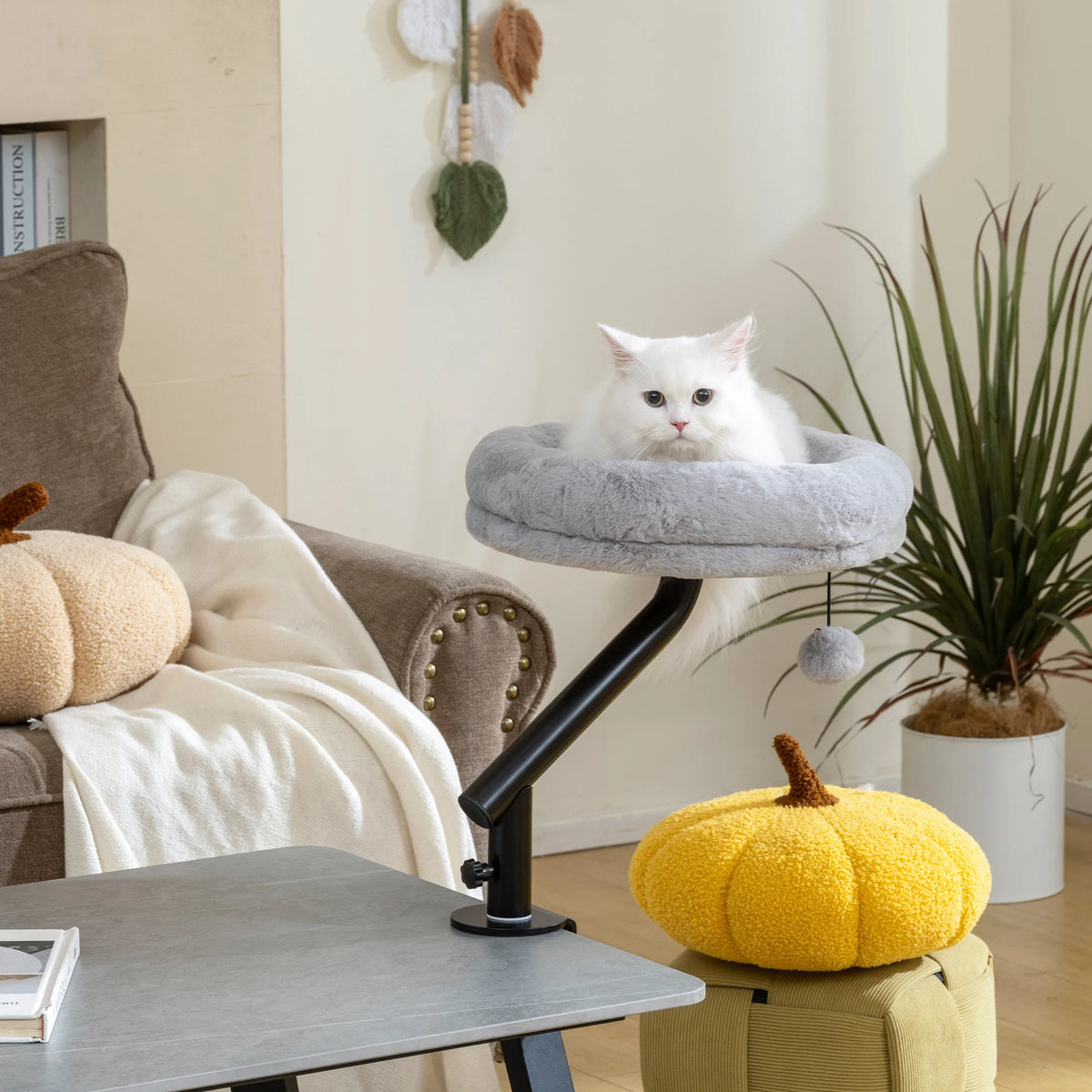 Cat Bed for Desk 360° Rotatable Clamp On Cat Hammock 35x35x48cm Plush Washable with Teaser Ball Grey