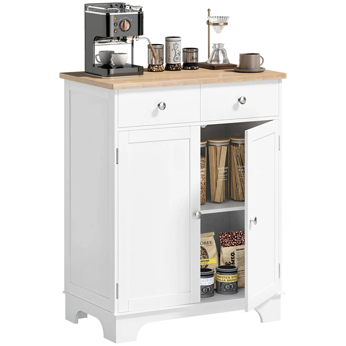 Kitchen Storage Cabinet with Rubberwood Top, 2 Drawers and Adjustable Shelf, White