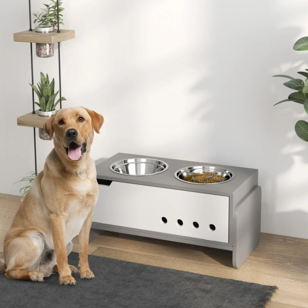 Height Adjustable Raised Dog Bowls 62.5x30x36.5cm Wooden Feeding Station Storage Slow Feeder Mat Grey