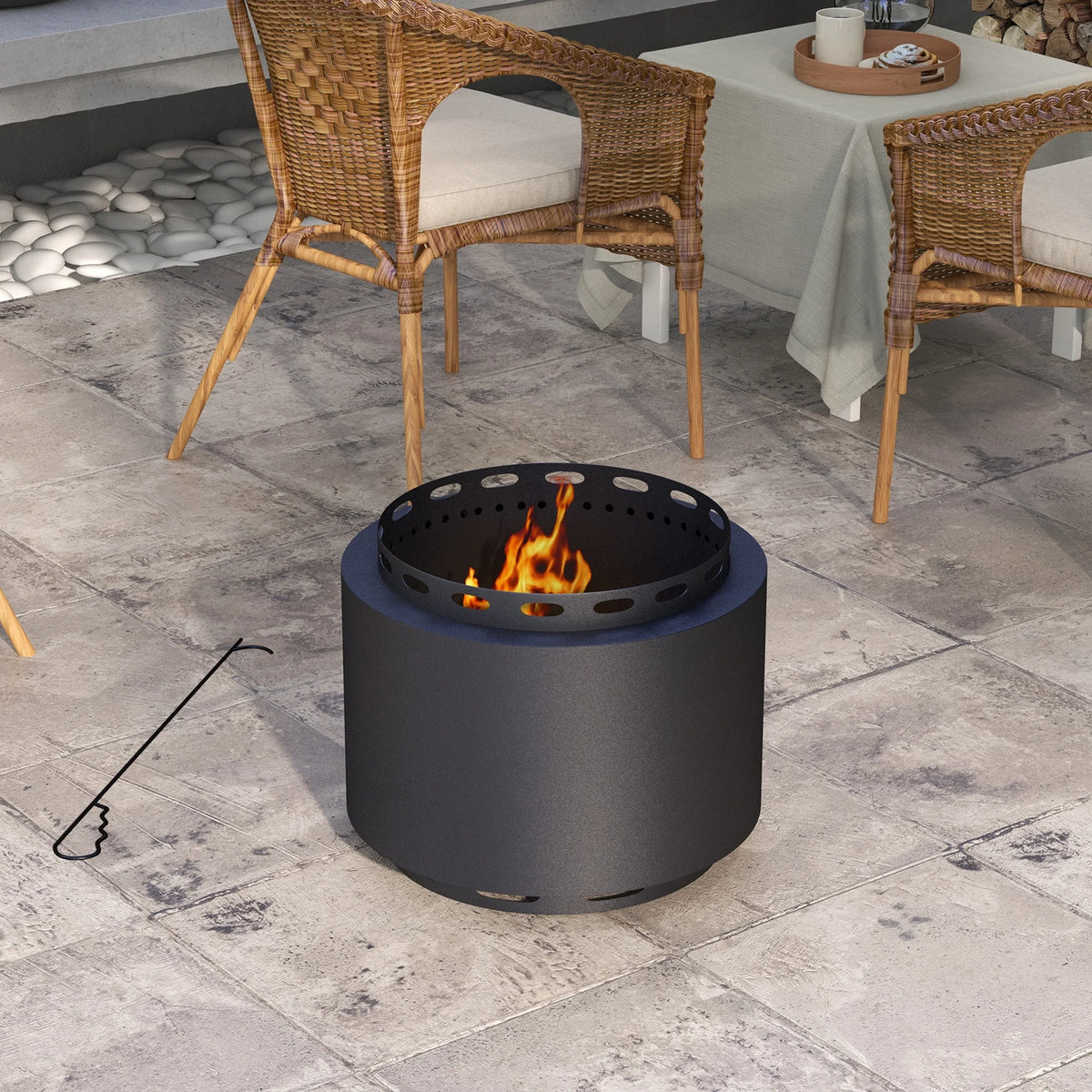 Smokeless Fire Pit with Poker, 48.5 cm Wood Burning Firepit for Garden and Camping, Black