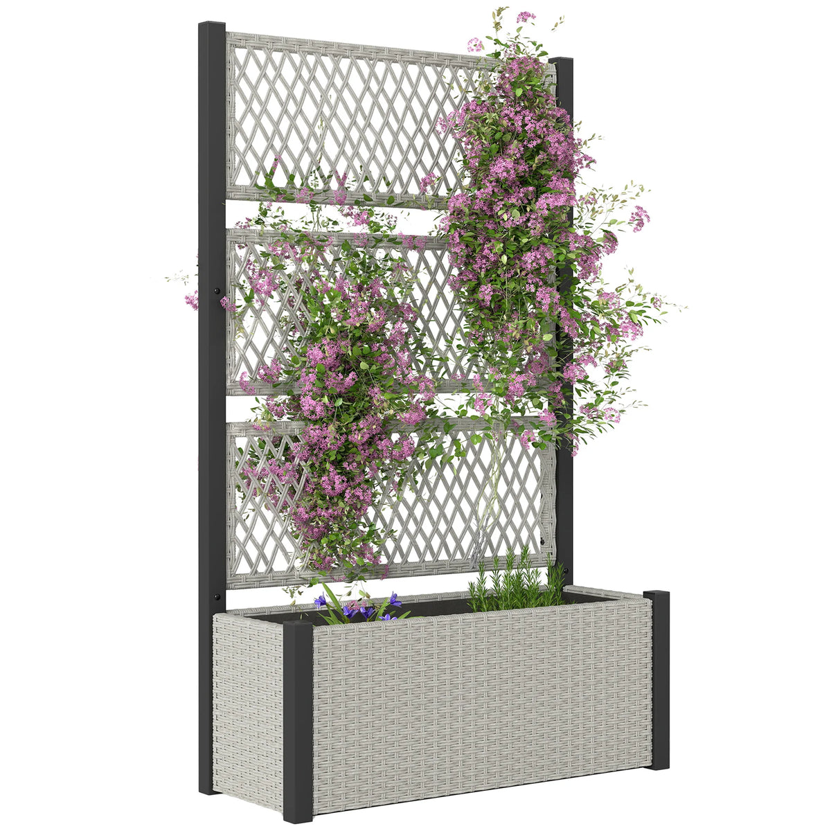 Raised Garden Planter Box with Trellis and Liner, Rattan Effect, 90 x 35 x 148cm