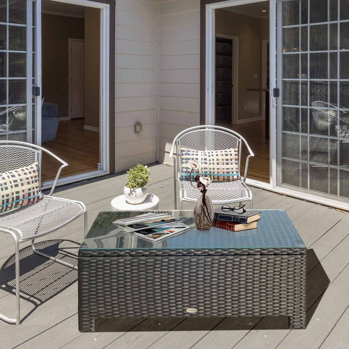 PE Rattan Garden Coffee Table with Tempered Glass Top, 85 x 50 x 39 cm, Black
