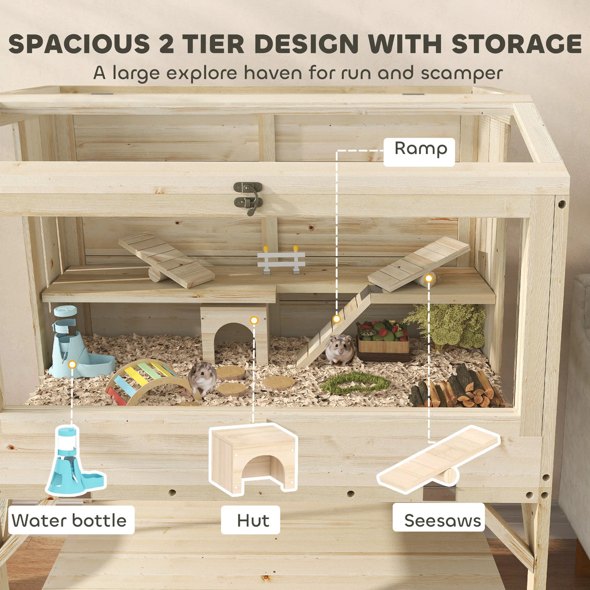 2 Tier Wooden Hamster Cage with Storage Shelf Clear Panels Seesaws Ramps and Side Vents Natural
