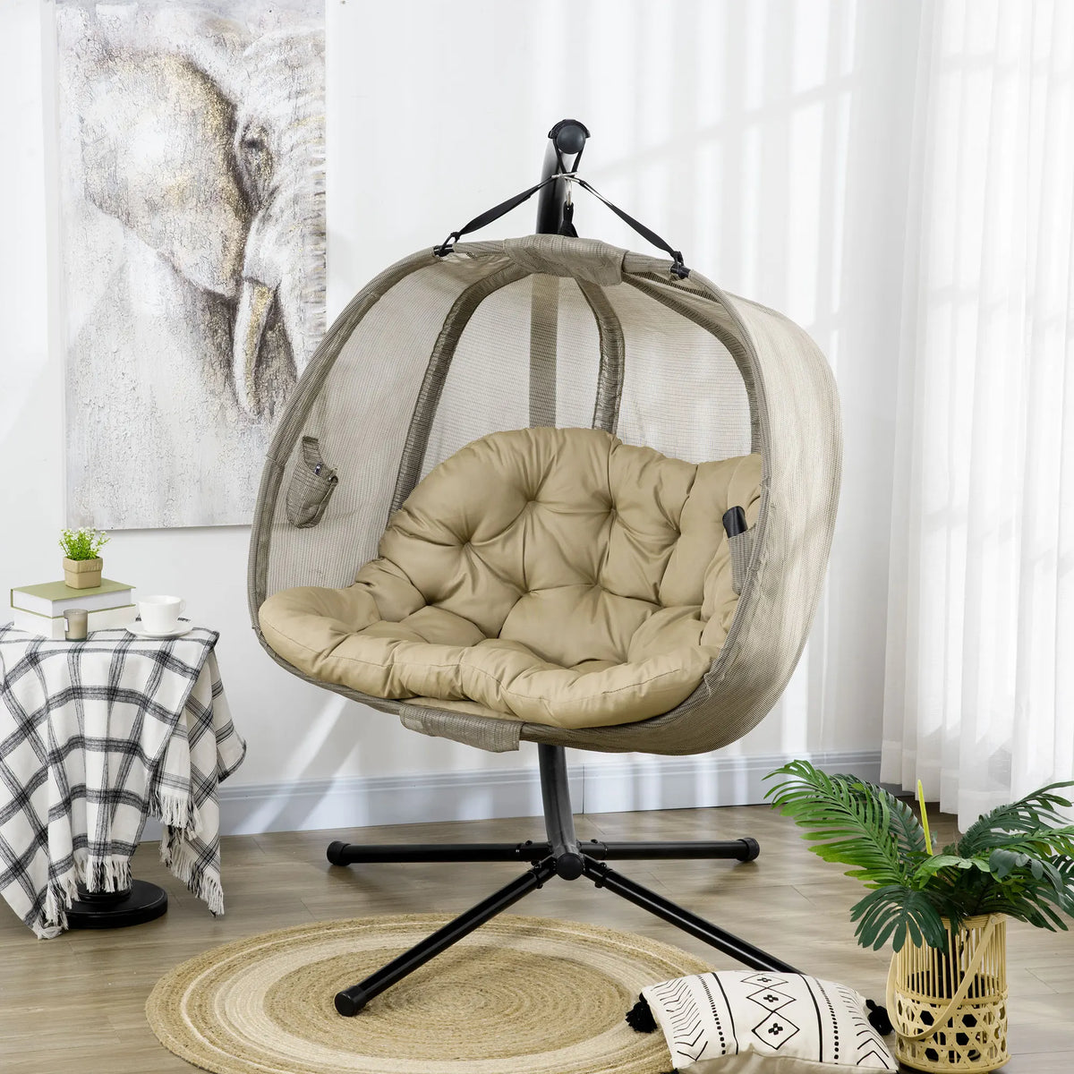Double Hanging Egg Chair 2 Seaters Swing Hammock w/ Cushion, Brown
