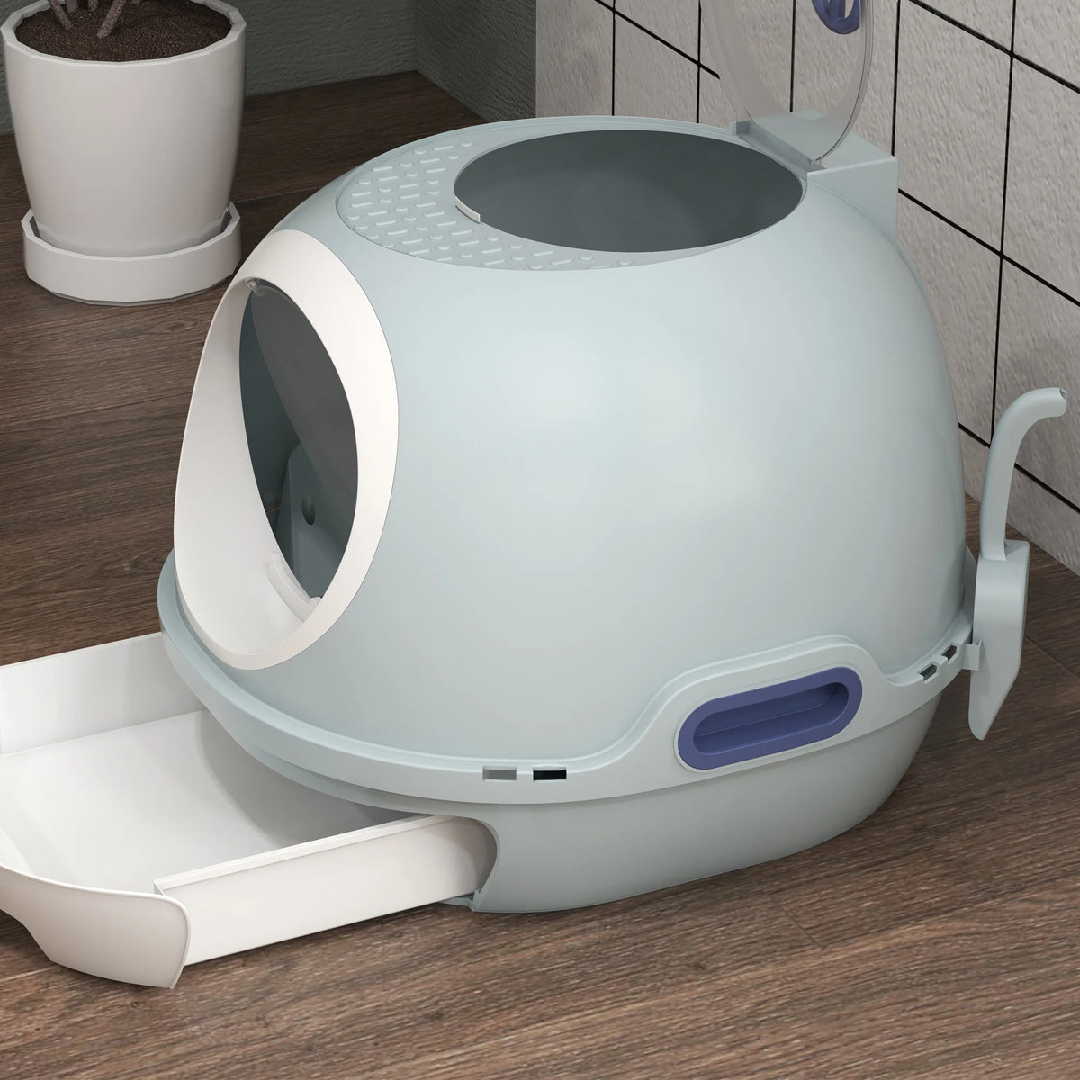 Capsule-Shaped Cat Litter Box with Front & Top Doors, Tile Blue