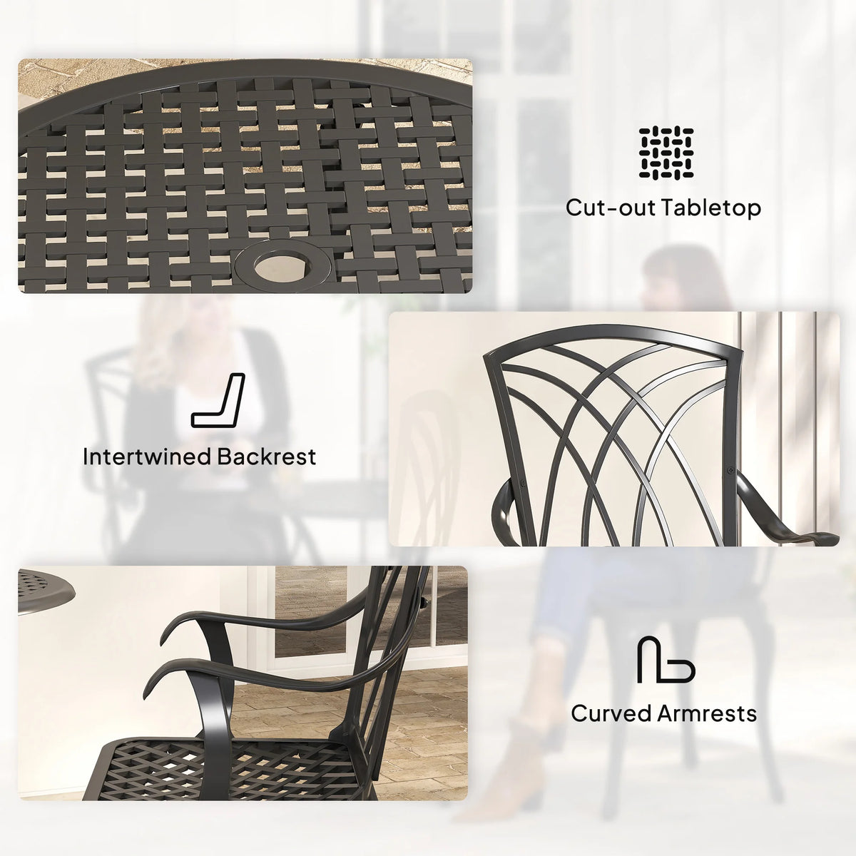 3 Piece Cast Aluminium Garden Dining Set for 2 with Parasol Hole, Table and 2 Chairs, Brown