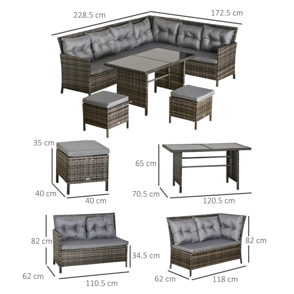 8-Seater Rattan Outdoor Dining Sofa Set with Wicker Coffee Table and Footstools, Grey
