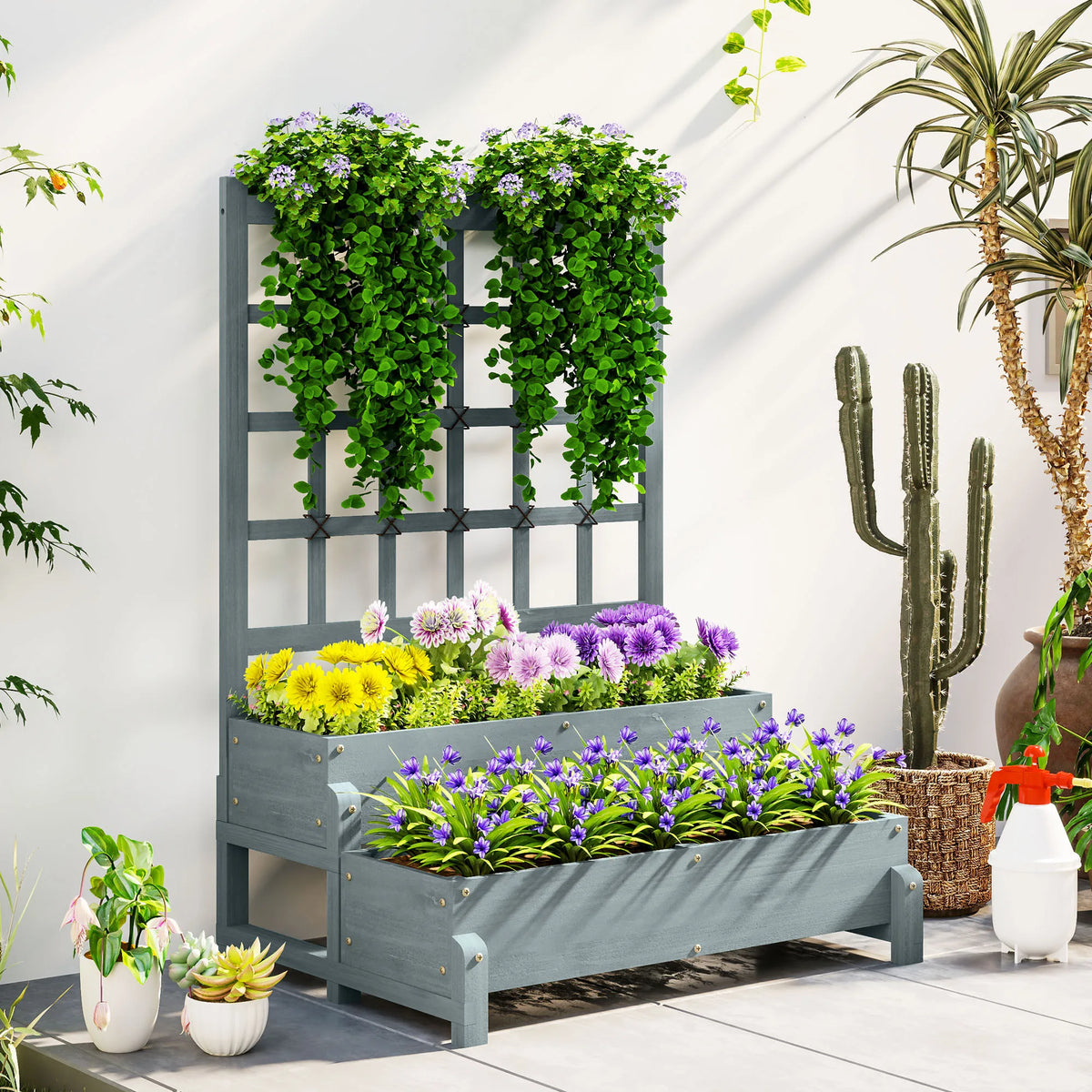 2-Tier Wooden Raised Flower Bed with Trellis and Drainage Holes, Grey
