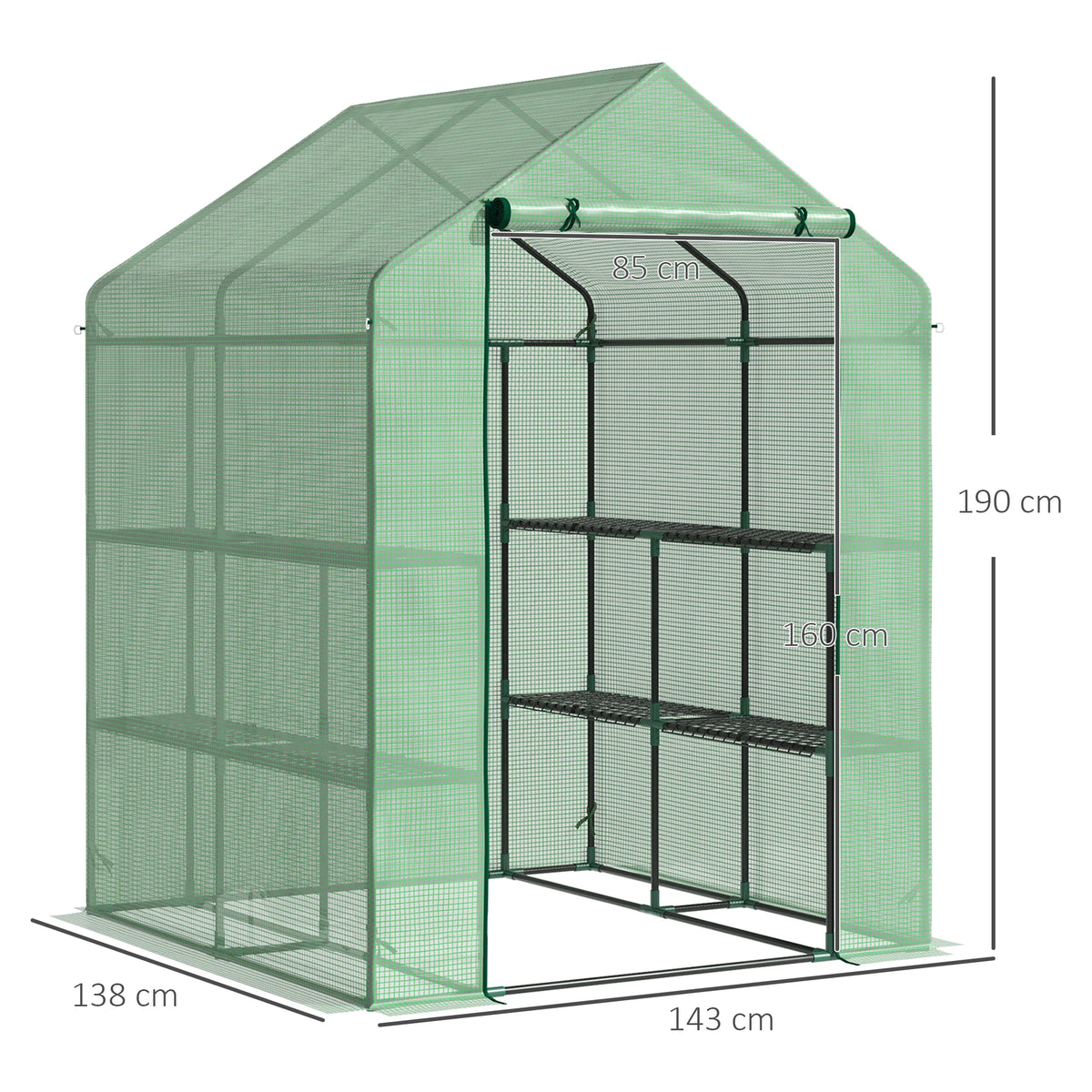 Walk-in Greenhouse with Shelving on Both Sides, 143 x 138 x 190cm, Dark Green