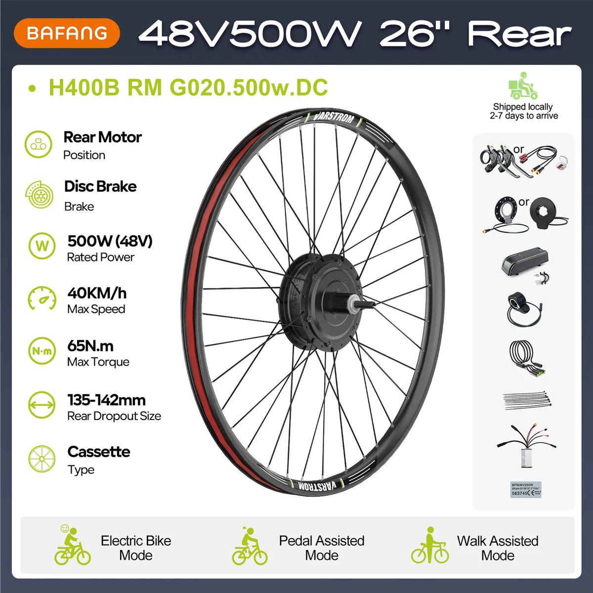 48V Rear Hub Motor E-Bike Conversion Kit 500W, 750W or 1000W for 20", 26", 27.5" and 700C Cassette Wheels