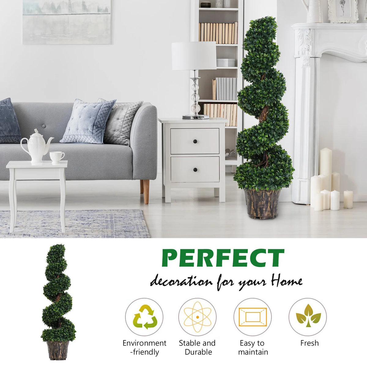 2 Pack Artificial Boxwood Spiral Tree Decorative Plant with Nursery Pot