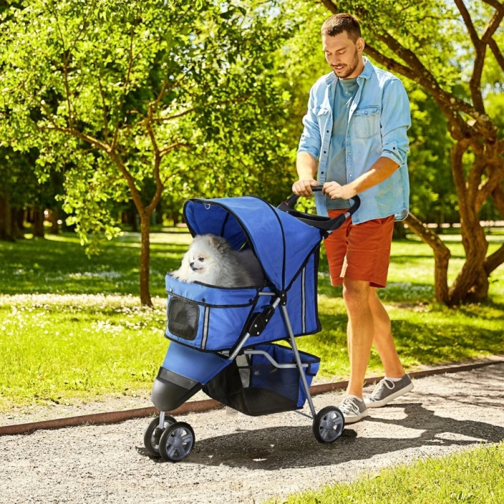 PINGGO Dog Stroller 3 Wheel Foldable Pram with Cup Holder Storage Basket for Small Miniature Dogs Blue