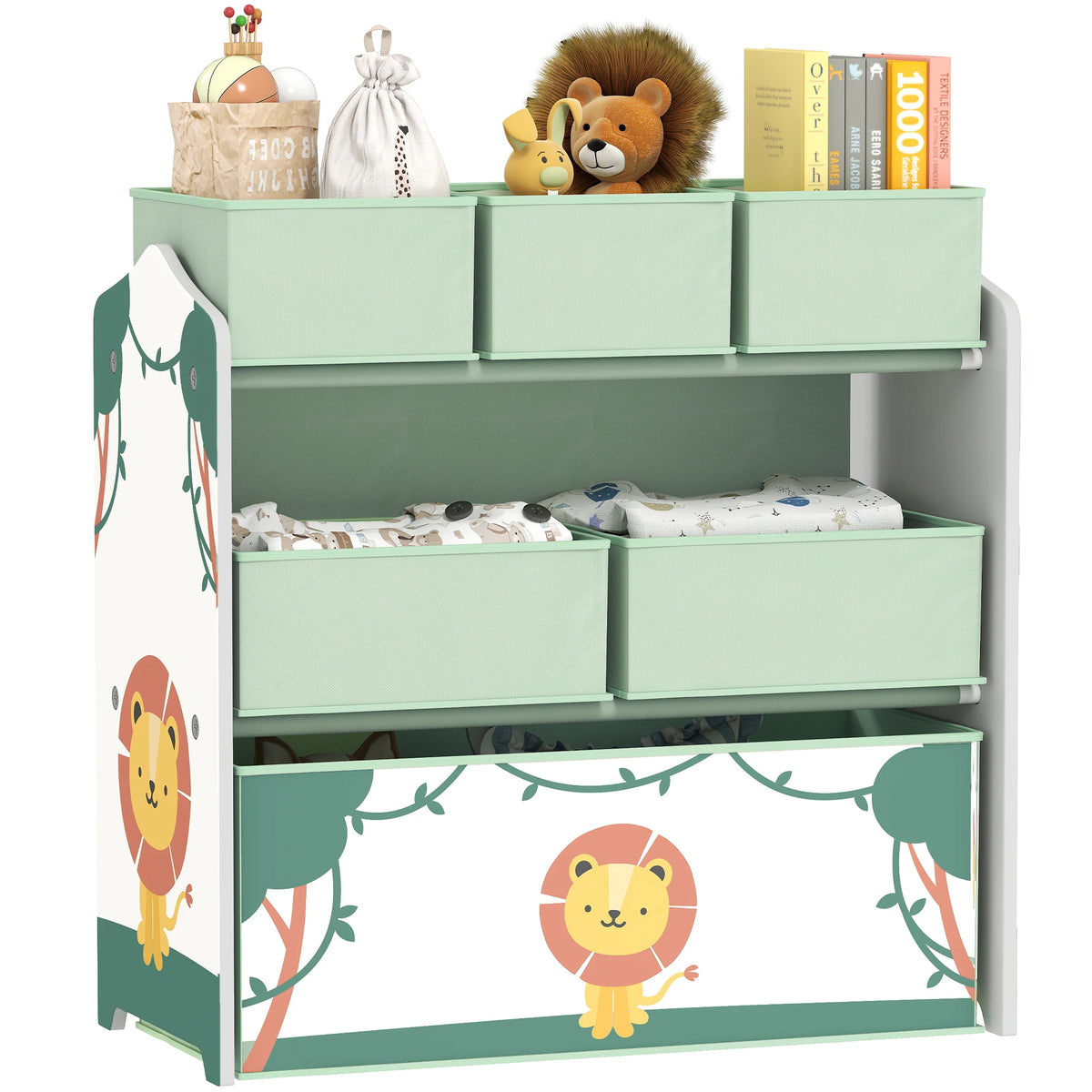 3 Tier Kids Storage Shelf with 6 Removable Fabric Boxes Bookshelf Organiser Rounded Corners
