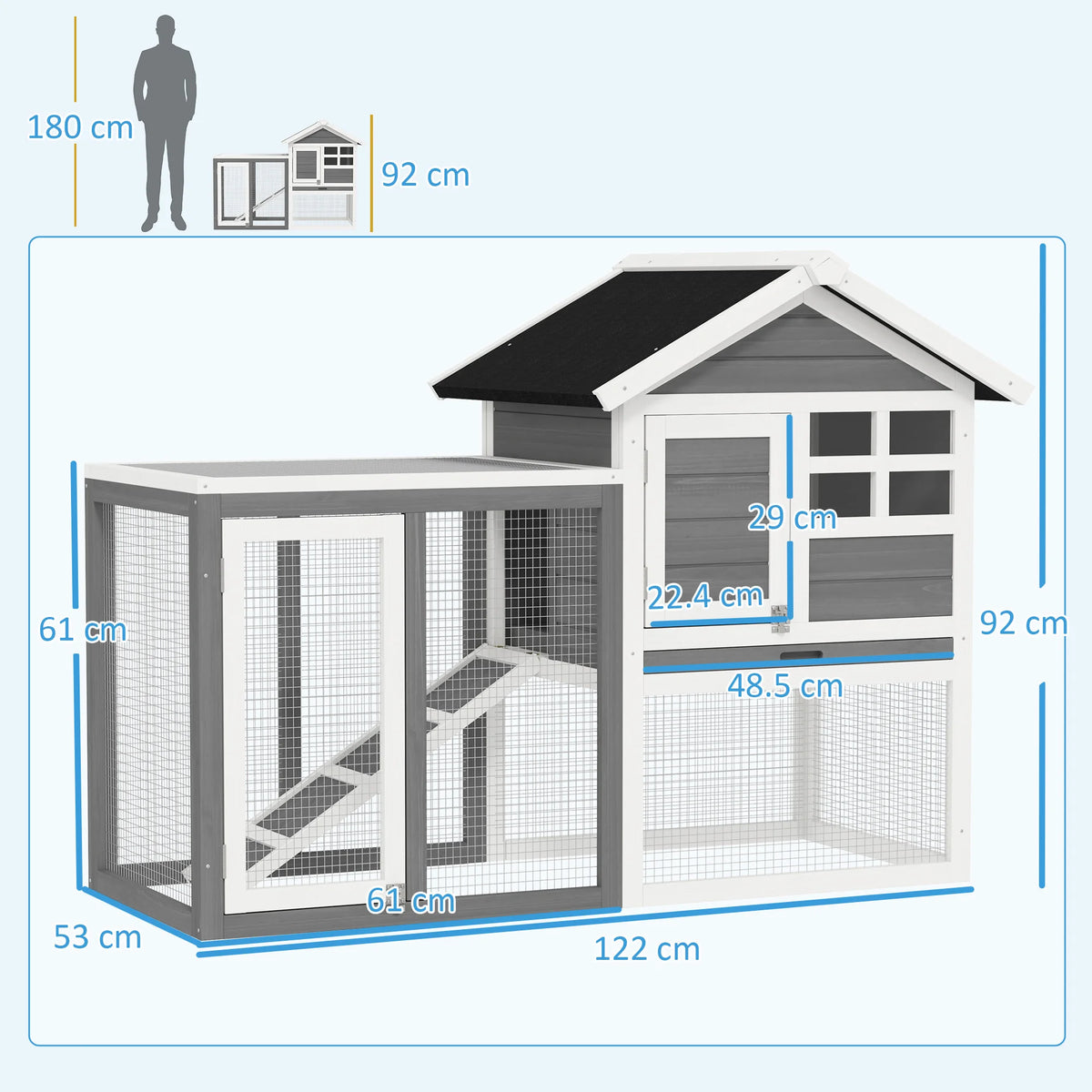 Wooden Rabbit Hutch 122cm 2 Storey Bunny Cage with Steel Wire Run Ramp Slanted Asphalt Roof and Tray