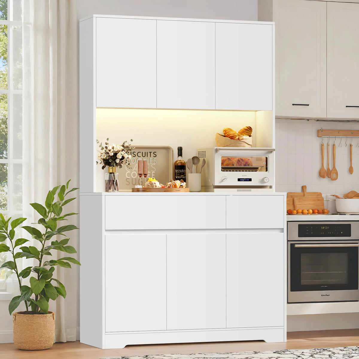 180cm Tall Kitchen Cabinet with LED Lighting and Power Outlet | Sideboard with 6 Doors 2 Drawers and Adjustable Shelves