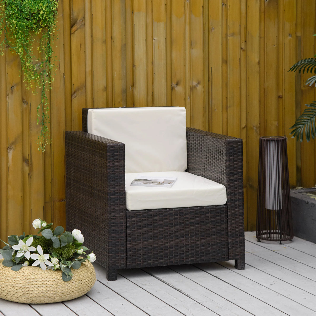 Single Seater Rattan Chair Sofa with 10cm Thick Padded Cushion, All-Weather PE Wicker Armchair